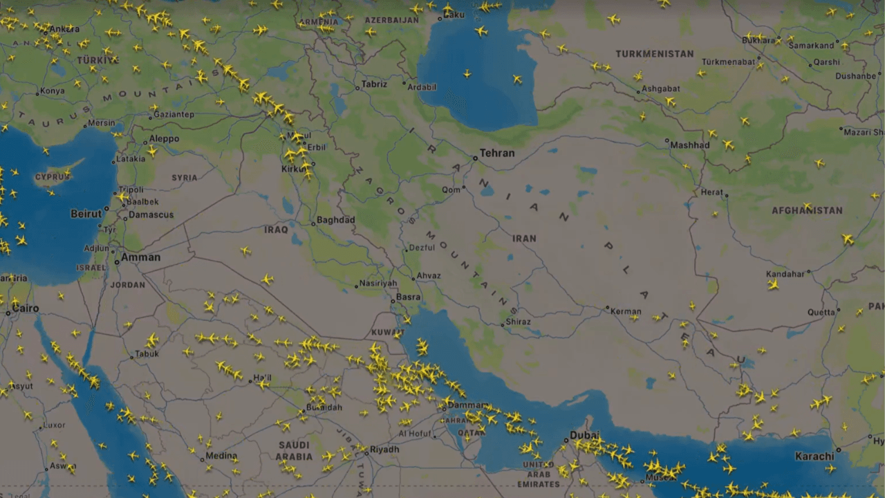 How flights moved out of Iranian airspace after US-Israel strikes — video